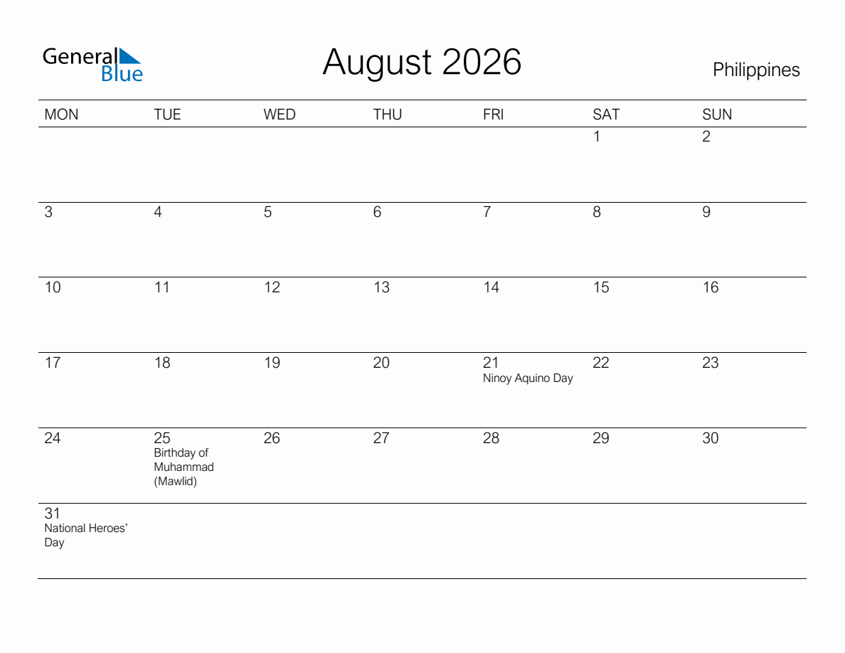 Printable August 2026 Monthly Calendar with Holidays for Philippines