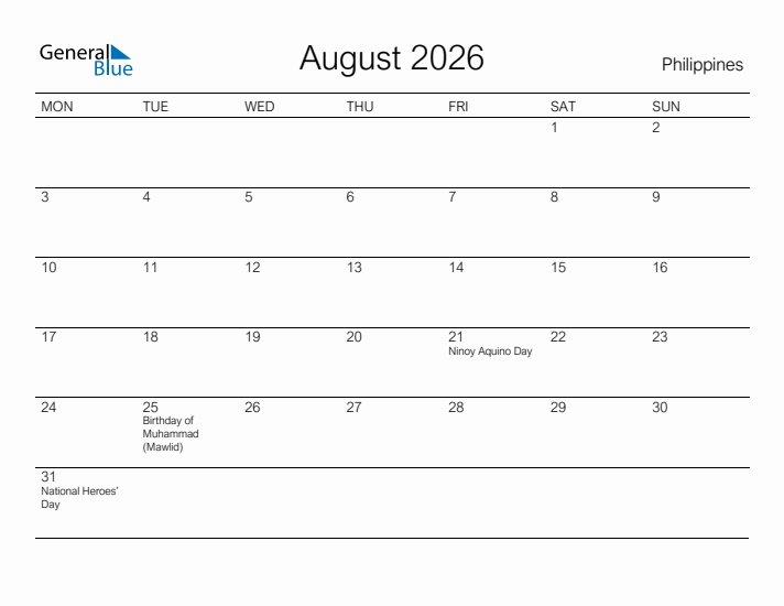 Printable August 2026 Calendar for Philippines