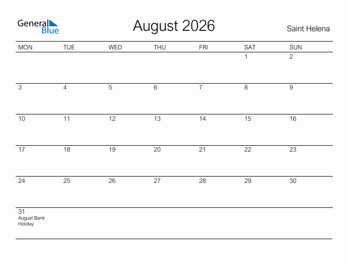 Printable August 2026 Calendar for Saint Helena
