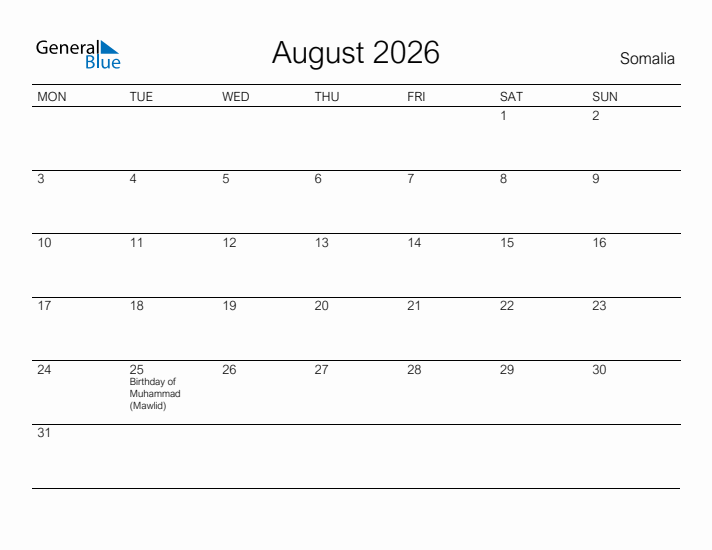 Printable August 2026 Calendar for Somalia