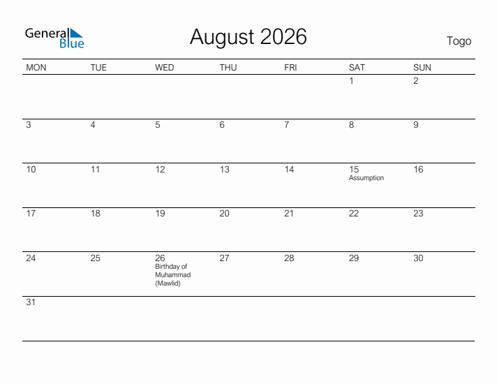 Printable August 2026 Calendar for Togo