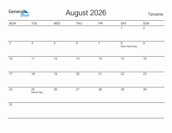 Printable August 2026 Calendar for Tanzania