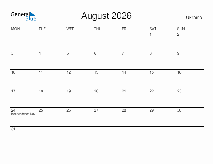 Printable August 2026 Calendar for Ukraine