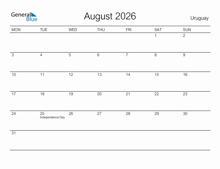 Printable August 2026 Calendar for Uruguay