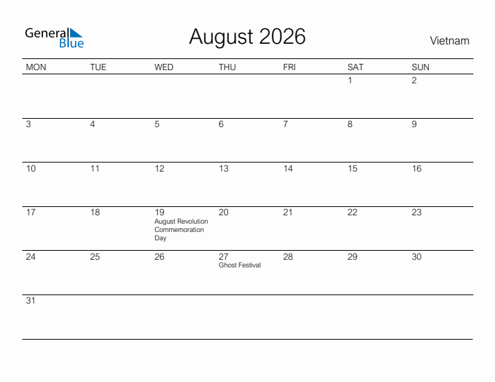 Printable August 2026 Calendar for Vietnam