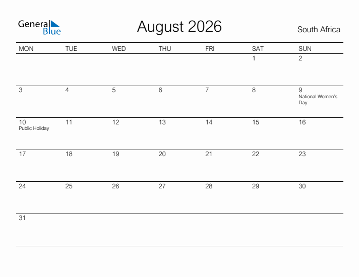 Printable August 2026 Calendar for South Africa