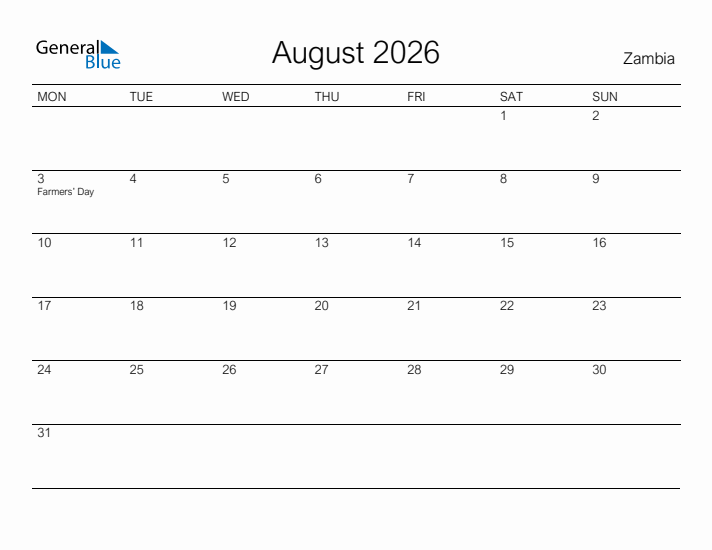 Printable August 2026 Calendar for Zambia