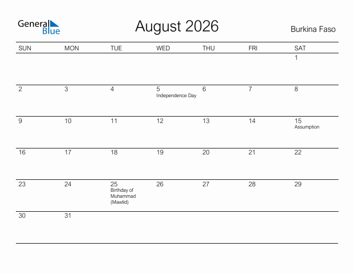Printable August 2026 Calendar for Burkina Faso