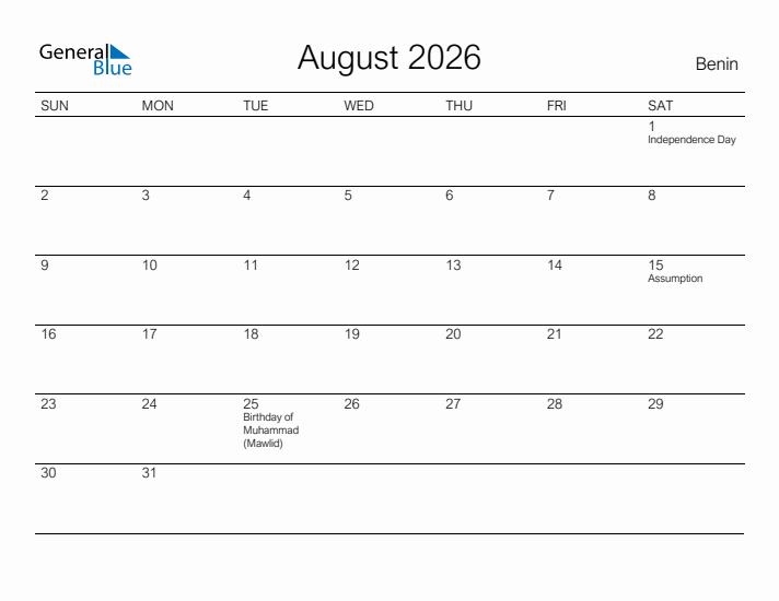 Printable August 2026 Calendar for Benin