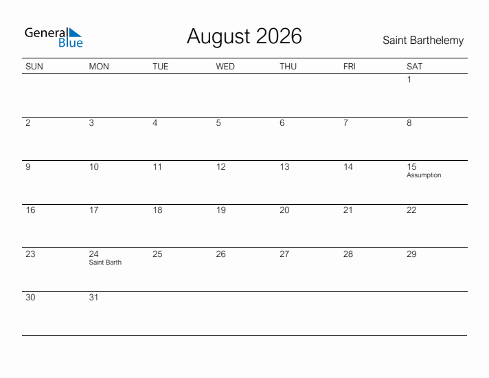 Printable August 2026 Calendar for Saint Barthelemy