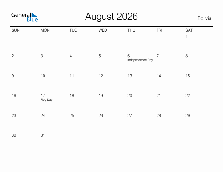 Printable August 2026 Calendar for Bolivia