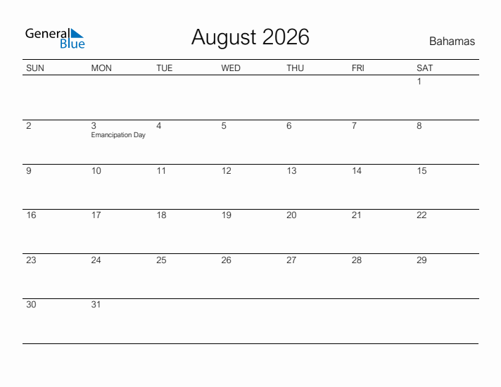Printable August 2026 Calendar for Bahamas