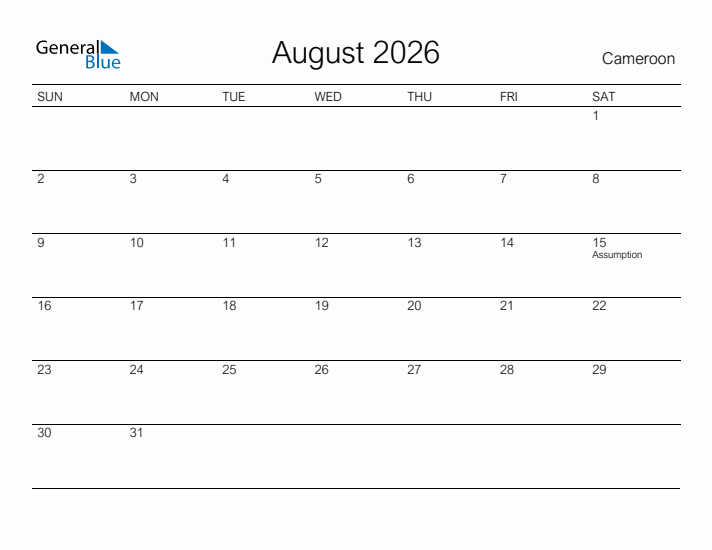 Printable August 2026 Calendar for Cameroon