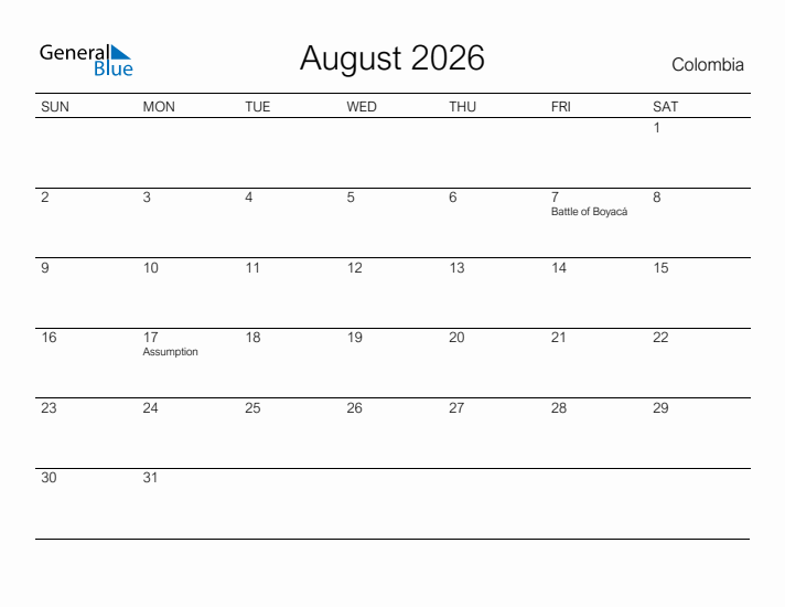 Printable August 2026 Calendar for Colombia