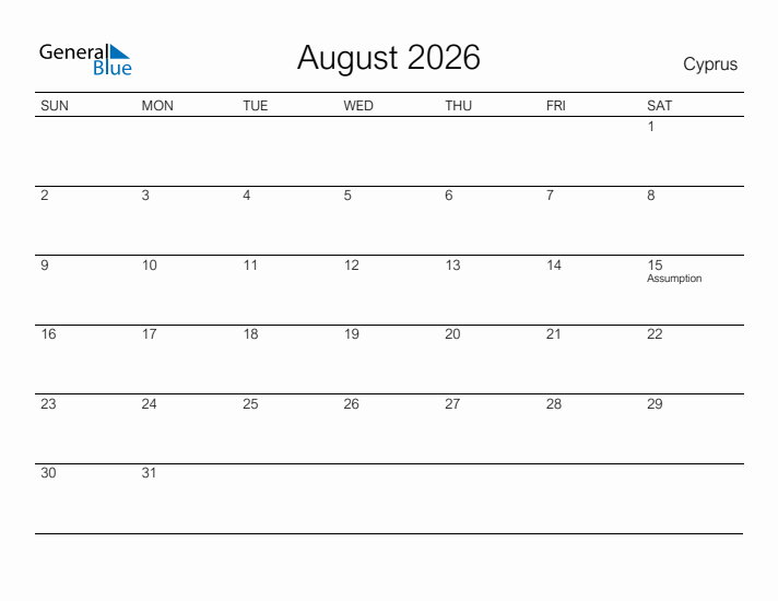 Printable August 2026 Calendar for Cyprus