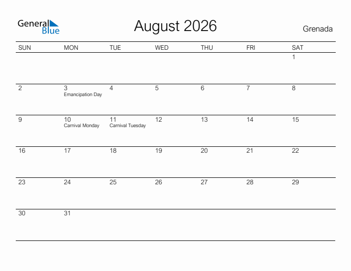 Printable August 2026 Calendar for Grenada