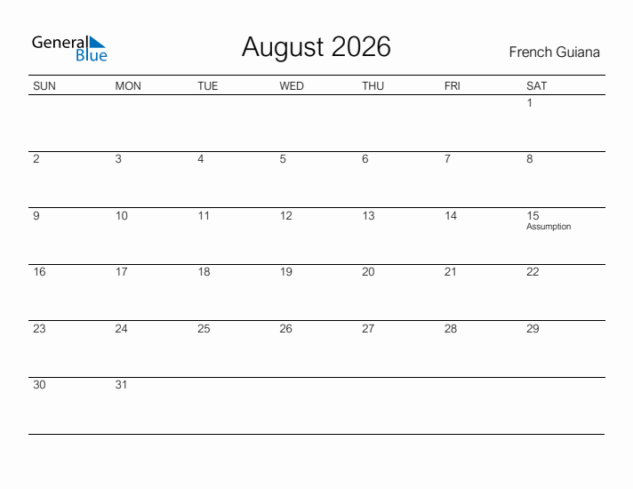 Printable August 2026 Calendar for French Guiana