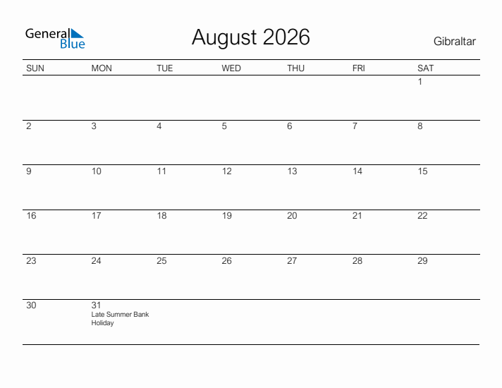 Printable August 2026 Calendar for Gibraltar