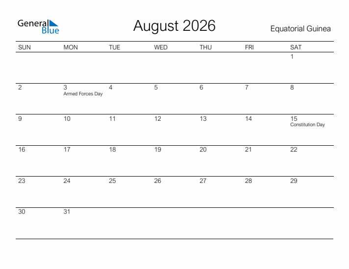 Printable August 2026 Calendar for Equatorial Guinea
