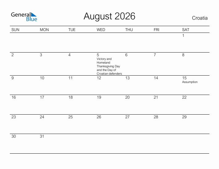 Printable August 2026 Calendar for Croatia