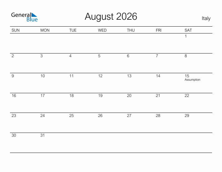 Printable August 2026 Calendar for Italy