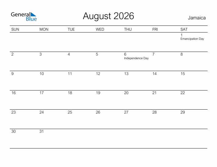 Printable August 2026 Calendar for Jamaica