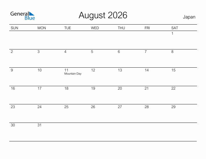 Printable August 2026 Calendar for Japan