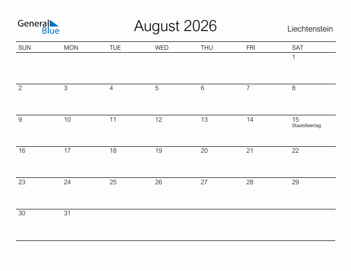 Printable August 2026 Calendar for Liechtenstein
