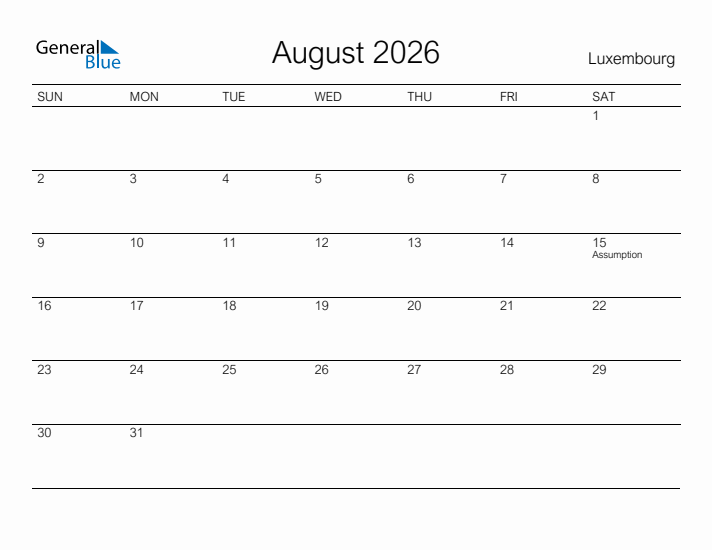 Printable August 2026 Calendar for Luxembourg