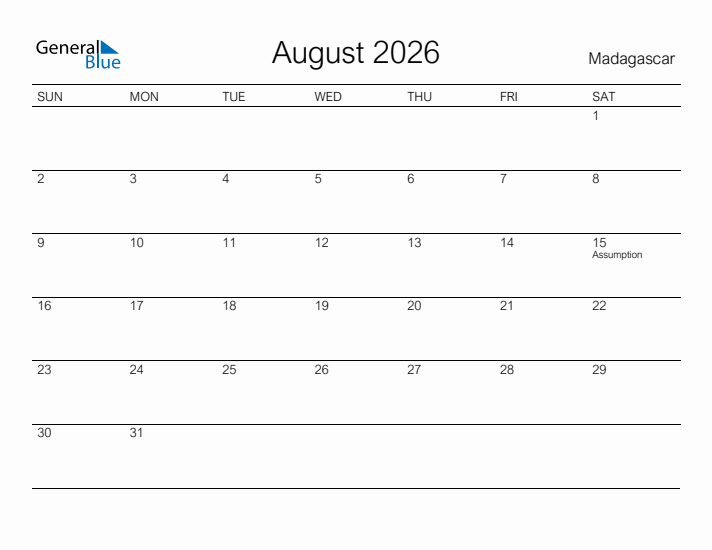 Printable August 2026 Calendar for Madagascar