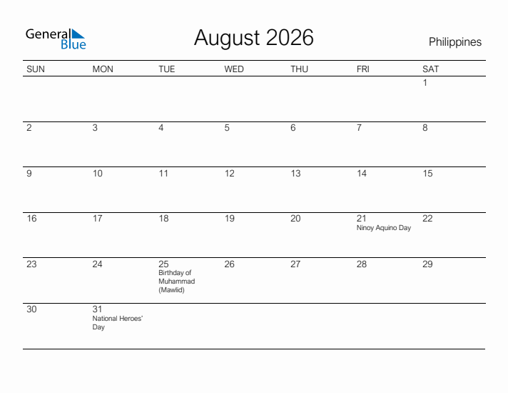Printable August 2026 Calendar for Philippines