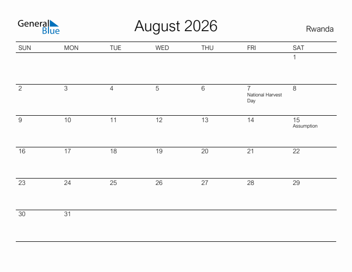 Printable August 2026 Calendar for Rwanda