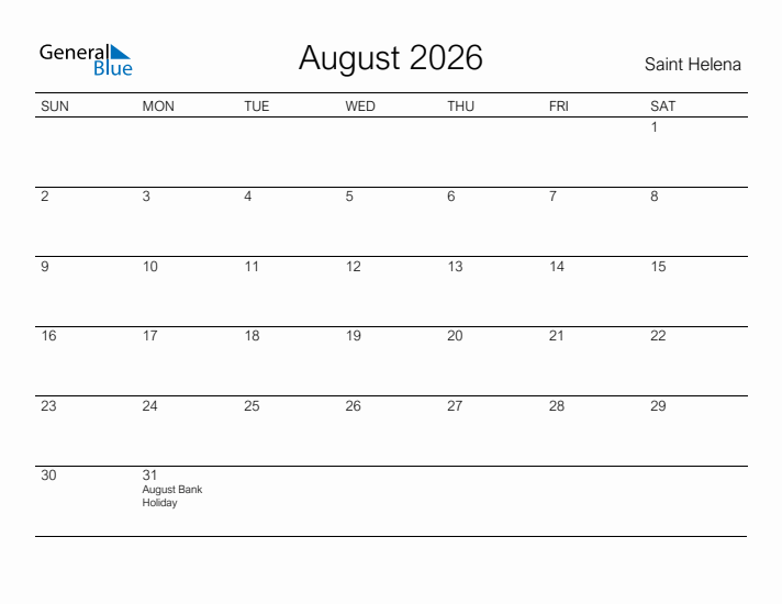 Printable August 2026 Calendar for Saint Helena