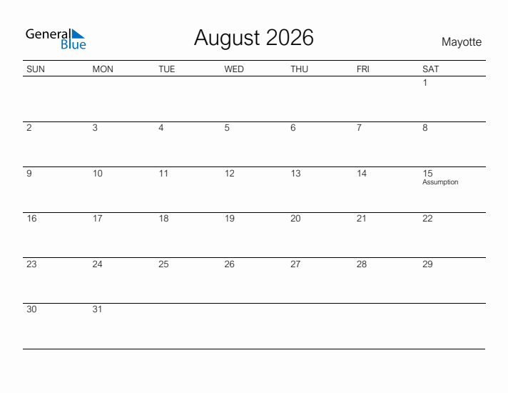 Printable August 2026 Calendar for Mayotte