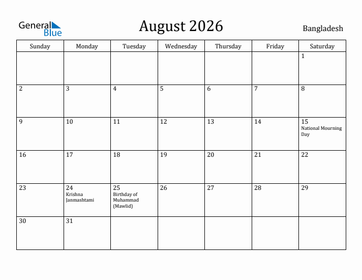 August 2026 Calendar Bangladesh