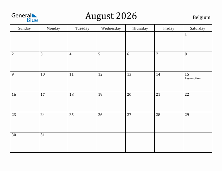 August 2026 Calendar Belgium