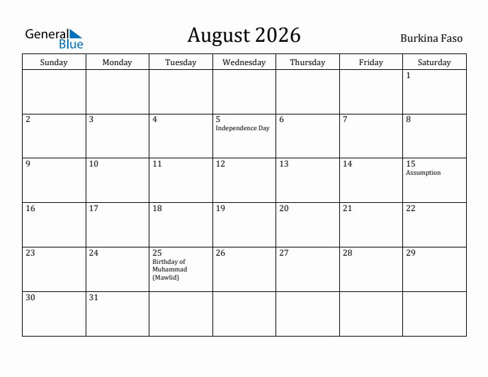 August 2026 Calendar Burkina Faso