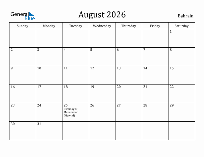 August 2026 Calendar Bahrain