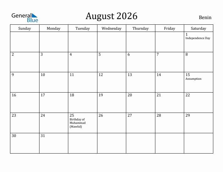 August 2026 Calendar Benin