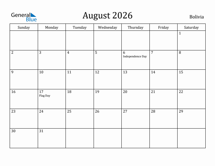 August 2026 Calendar Bolivia