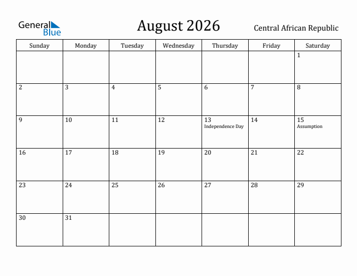 August 2026 Calendar Central African Republic