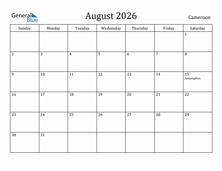 August 2026 Calendar Cameroon