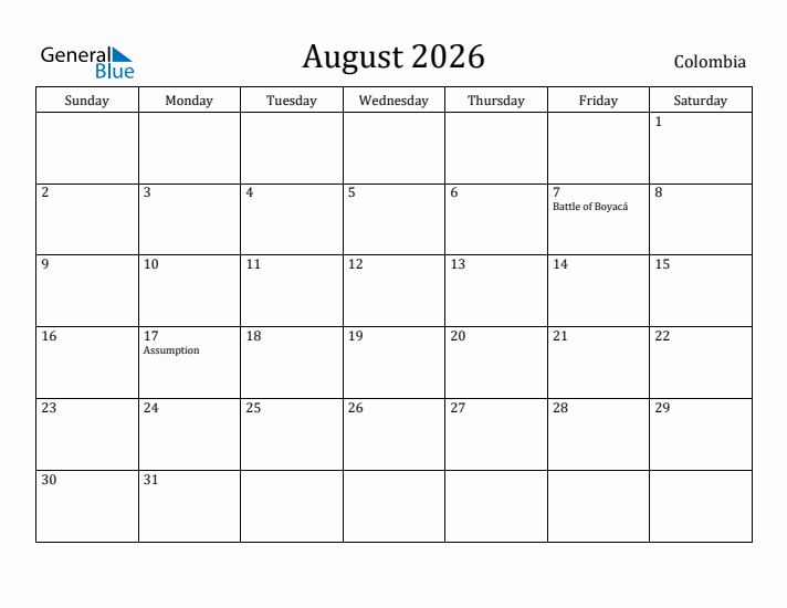 August 2026 Calendar Colombia
