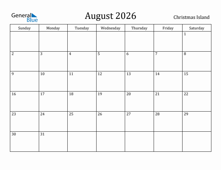 August 2026 Calendar Christmas Island