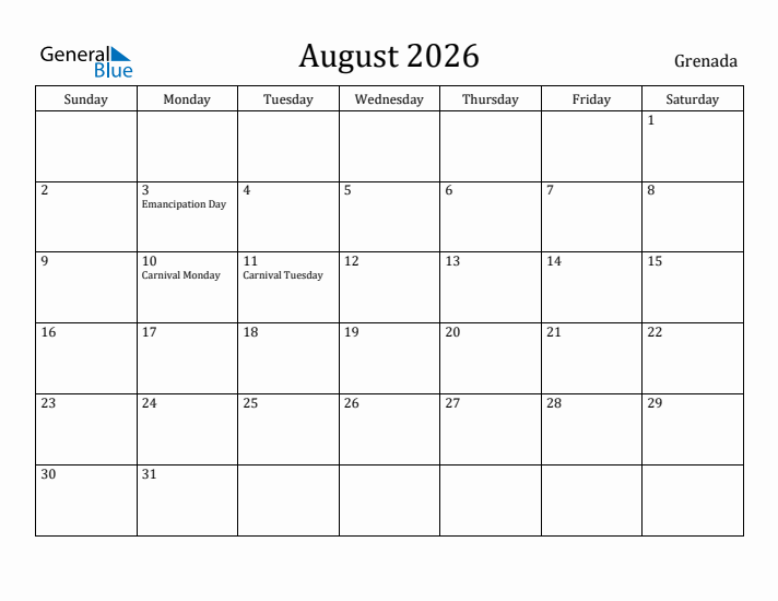 August 2026 Calendar Grenada