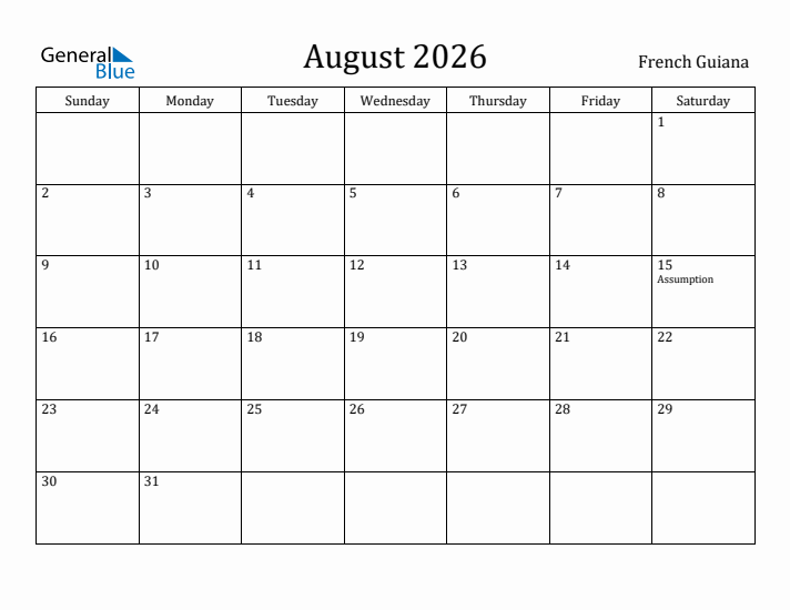 August 2026 Calendar French Guiana