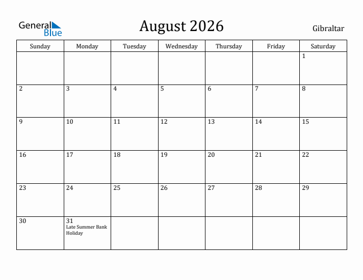 August 2026 Calendar Gibraltar