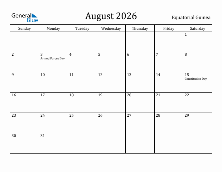 August 2026 Calendar Equatorial Guinea