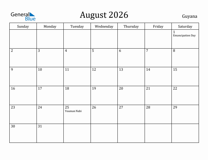 August 2026 Calendar Guyana