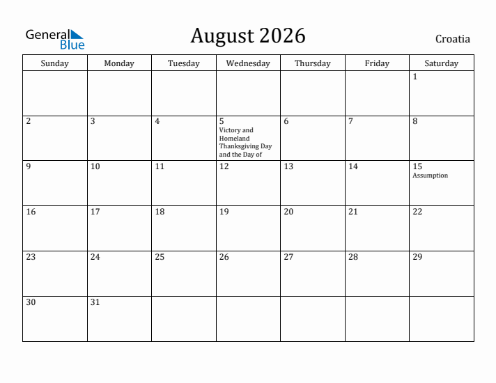 August 2026 Calendar Croatia